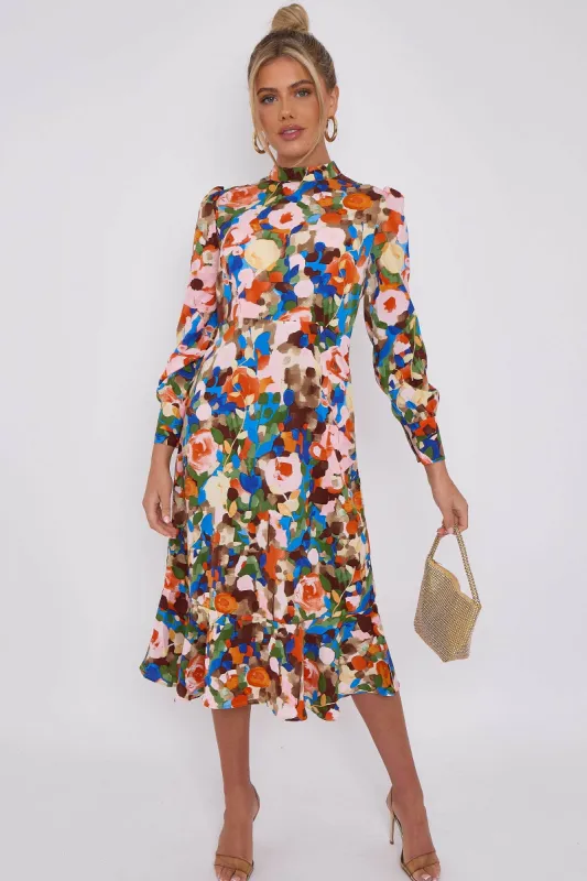 LOVE SUNSHINE Orange Pastel Floral Print Frilled Hem Midi Dress sold by Goddiva