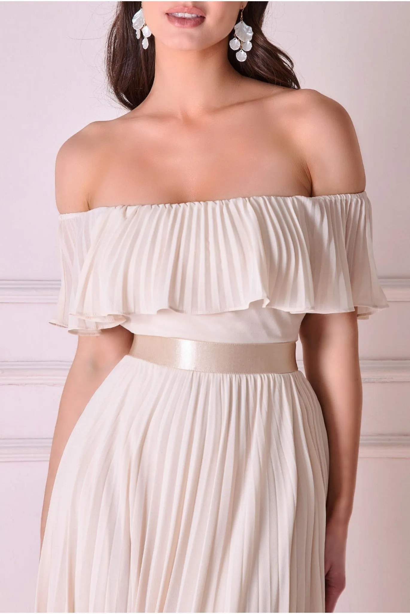 Goddiva Pleated Chiffon Off Shoulder Maxi Dress - Ivory sold by Goddiva product image thumbnail 3