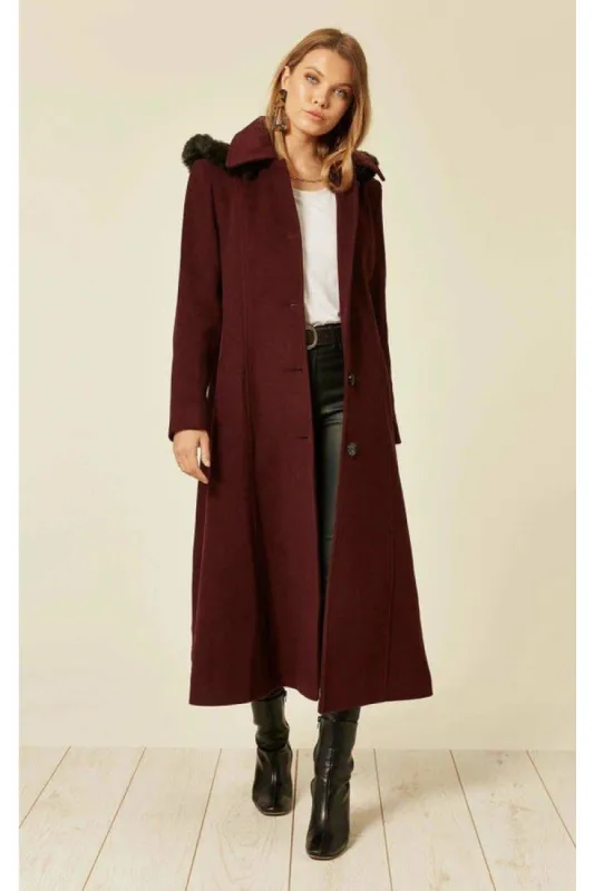 De La Creme Fashions Wool Blend Faux Fur Trim Hood Long Coat sold by Goddiva