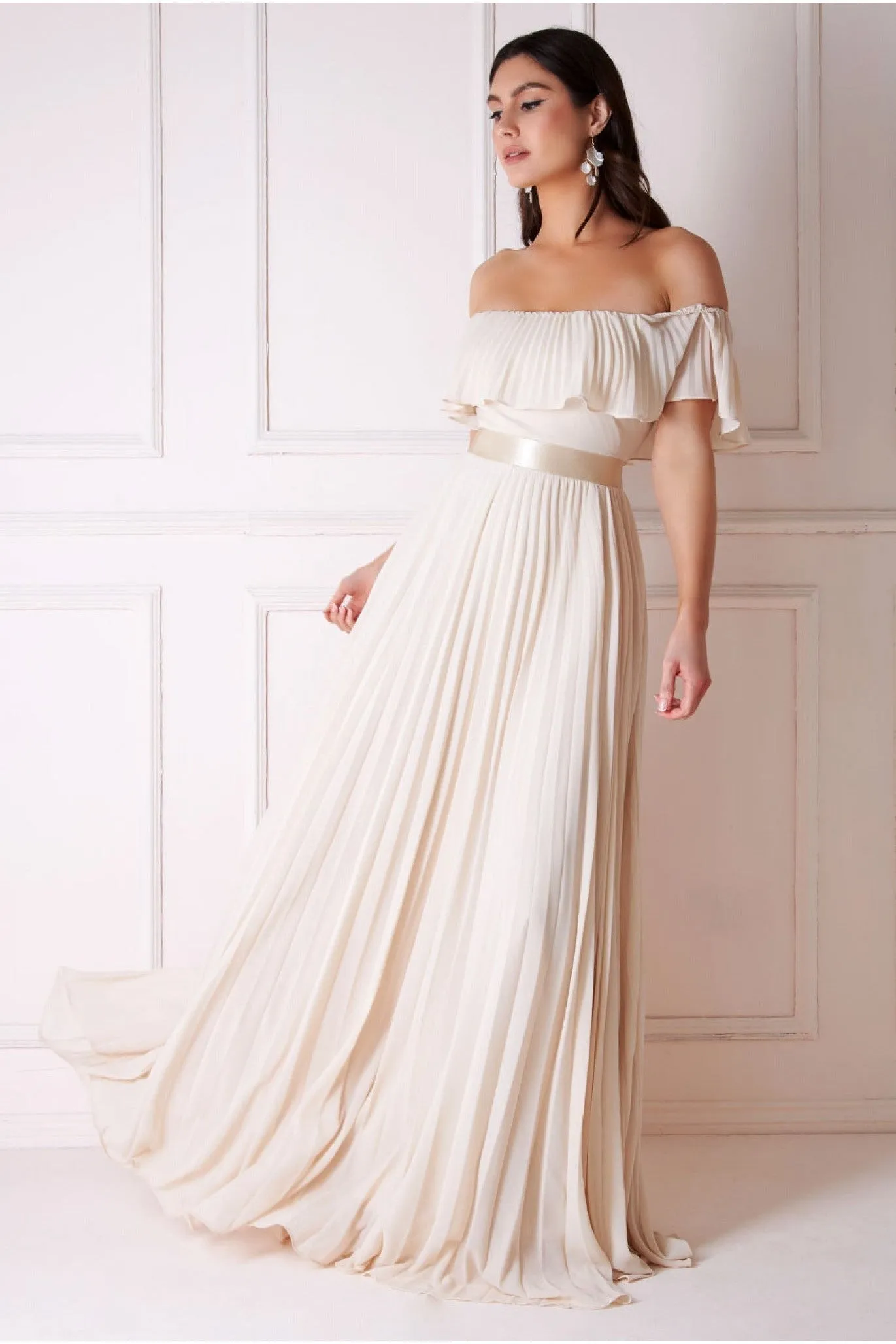 Goddiva Pleated Chiffon Off Shoulder Maxi Dress - Ivory sold by Goddiva