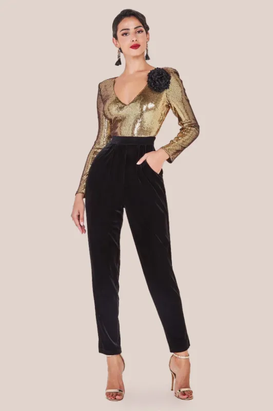 Goddiva Liquid Sequin Jumpsuit With Corsage - Gold sold by Goddiva