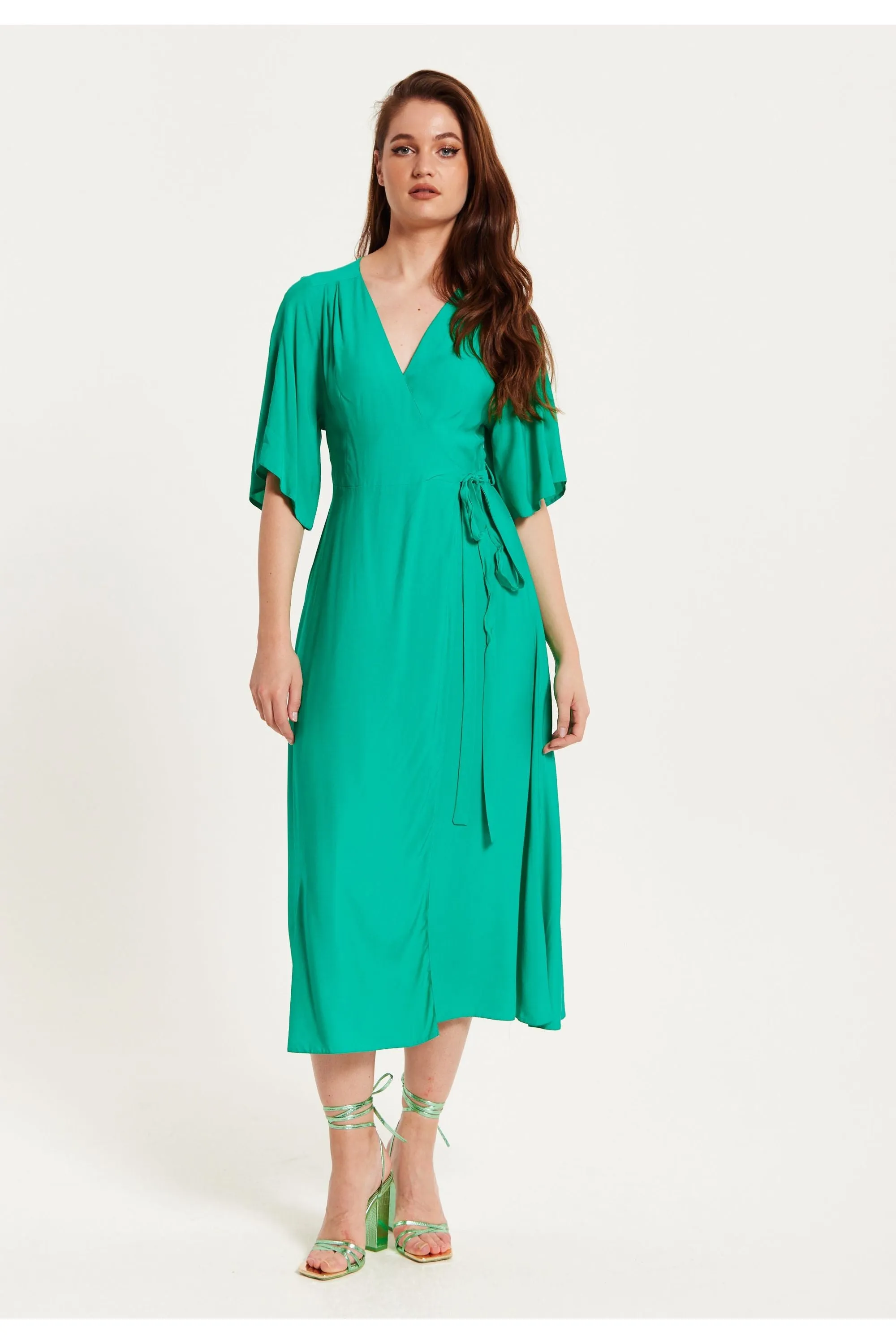 Green Maxi Wrap Dress With Kimono Sleeves by Liquorish sold by Goddiva product image thumbnail 4