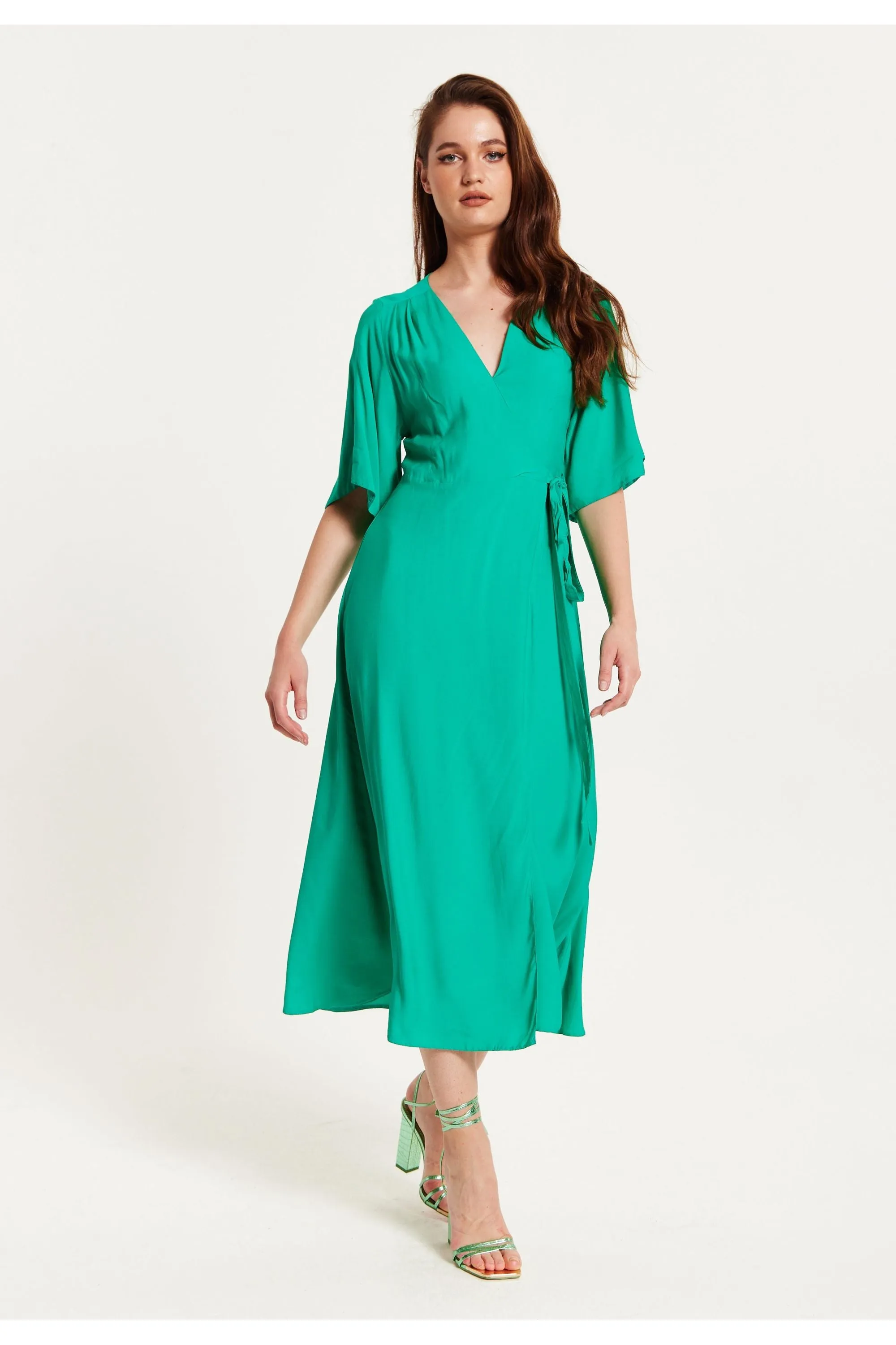 Green Maxi Wrap Dress With Kimono Sleeves by Liquorish sold by Goddiva