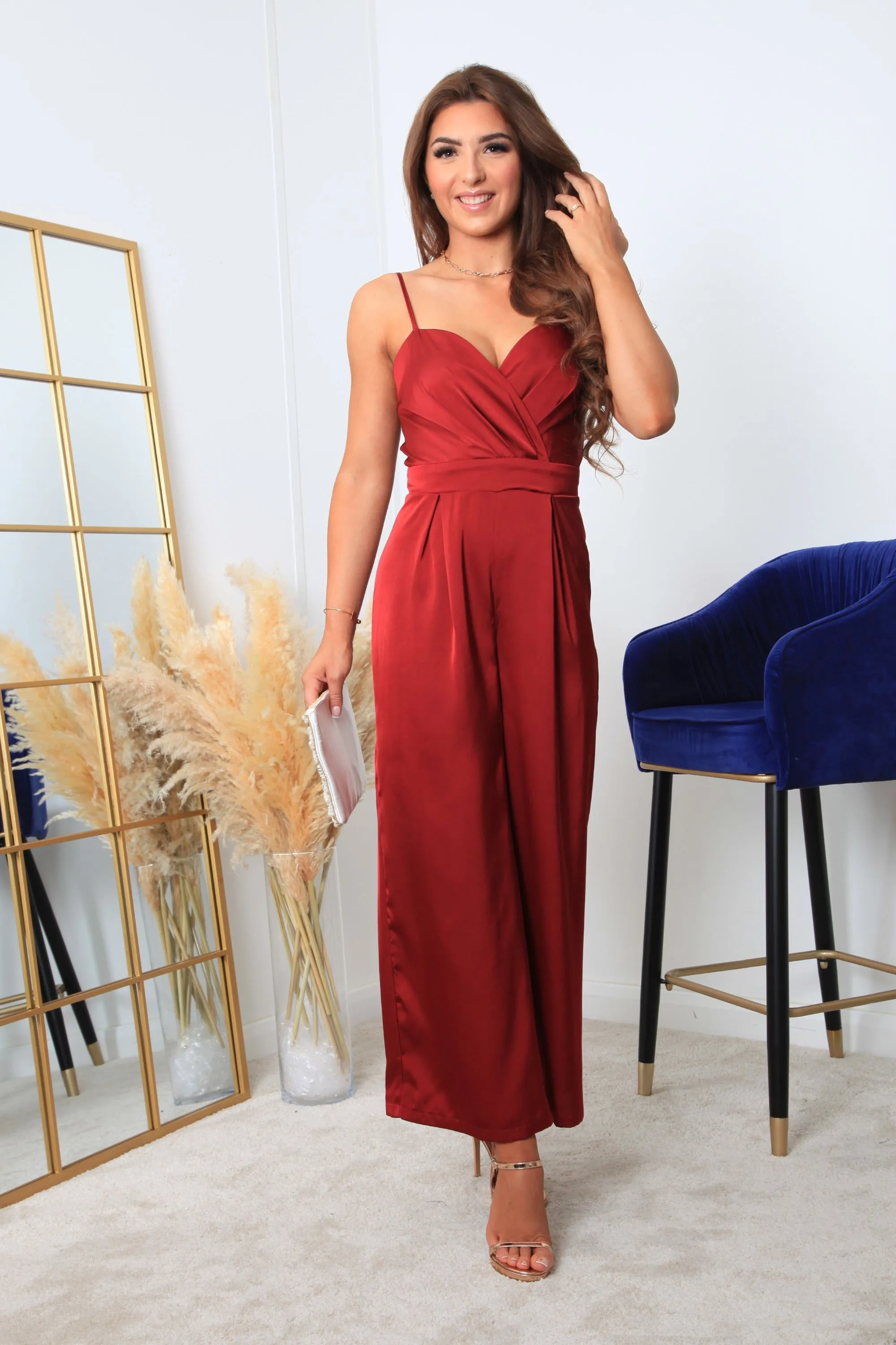 Red Strappy Wrap Front Jumpsuit by Double Second sold by Goddiva