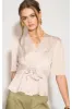 Beige Short Sleeve Knotted Crepe Satin Top by LOVE SUNSHINE sold by Goddiva