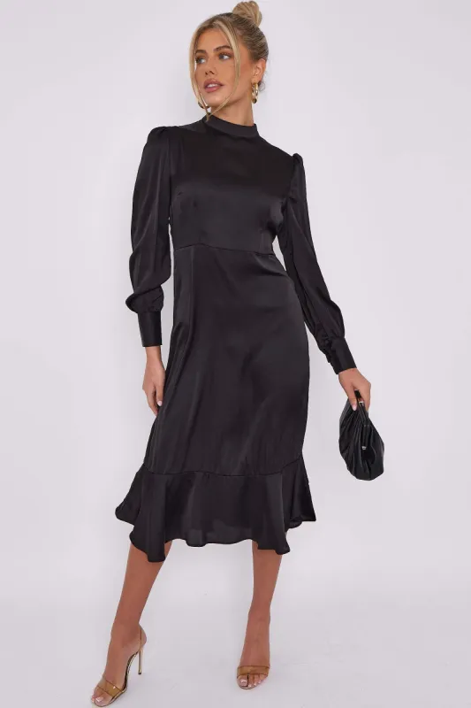 LOVE SUNSHINE Black Satin Frilled Hem Midi Dress sold by Goddiva