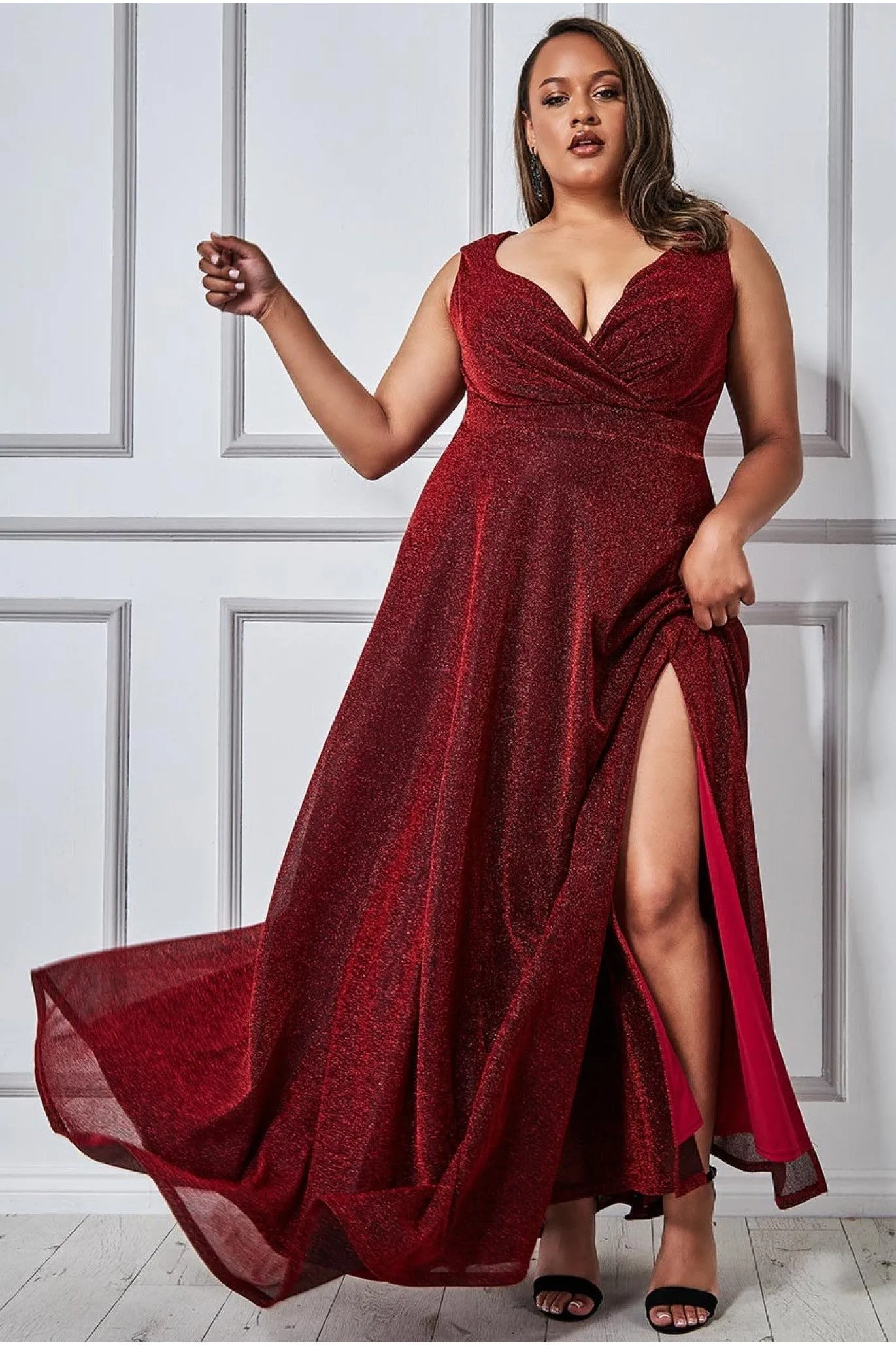 Goddiva Plus Crossover Lurex Glitter Maxi Dress - Wine sold by Goddiva