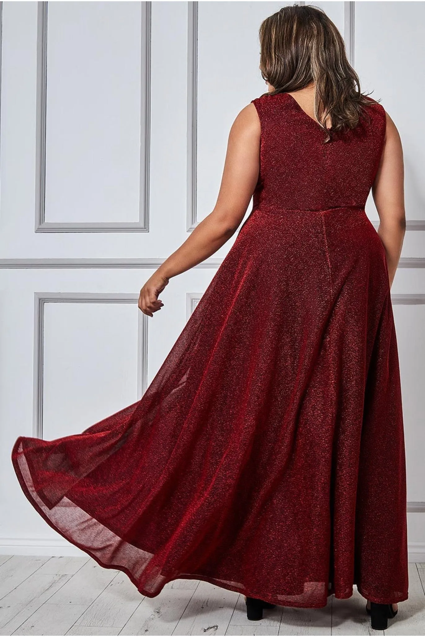 Goddiva Plus Crossover Lurex Glitter Maxi Dress - Wine sold by Goddiva product image thumbnail 2