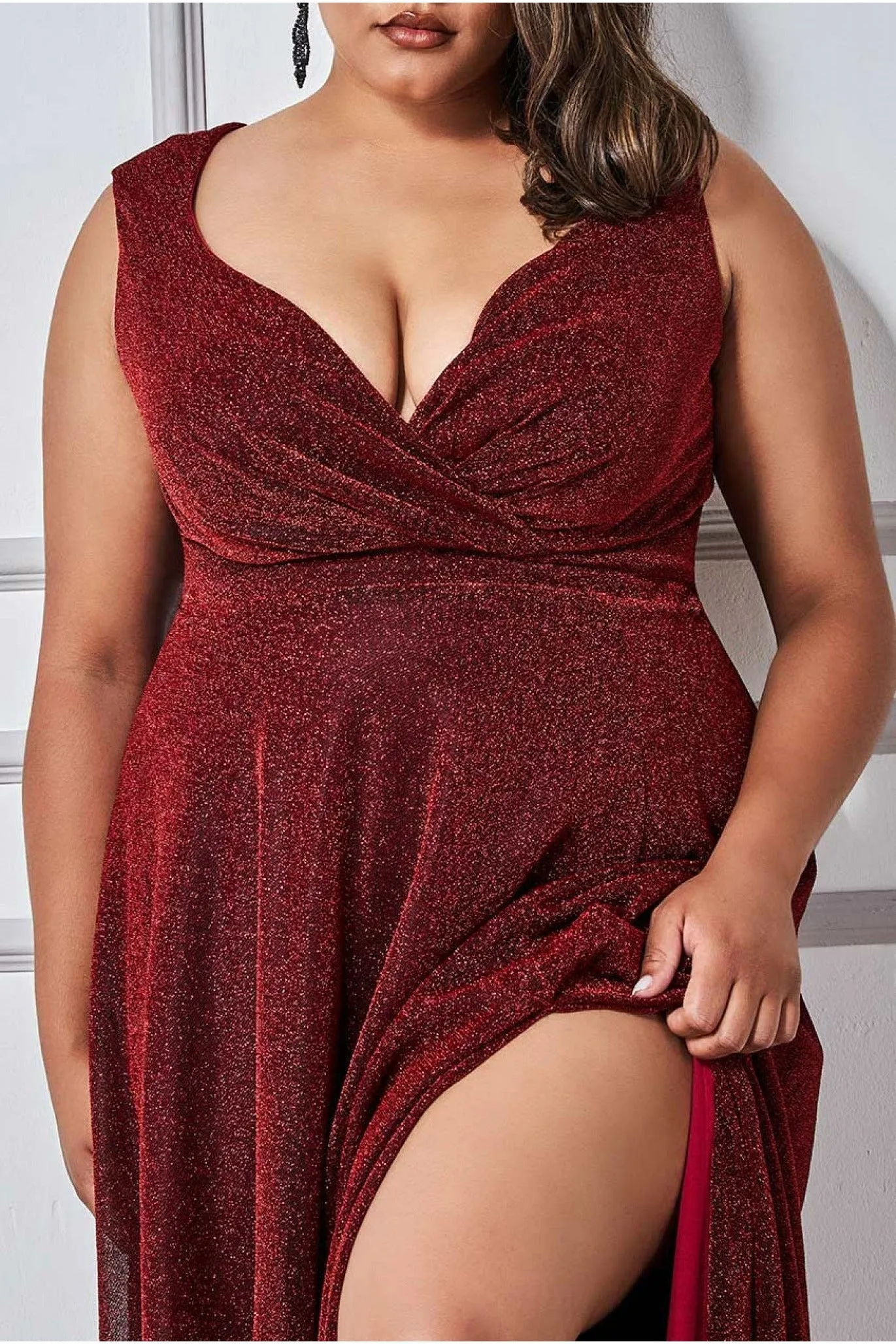 Goddiva Plus Crossover Lurex Glitter Maxi Dress - Wine sold by Goddiva product image thumbnail 3