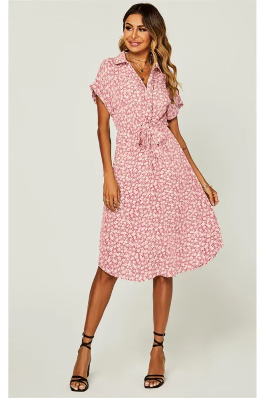 FS Collection Relaxed Floral Print Button Down Midi Shirt Dress In Pink sold by Goddiva