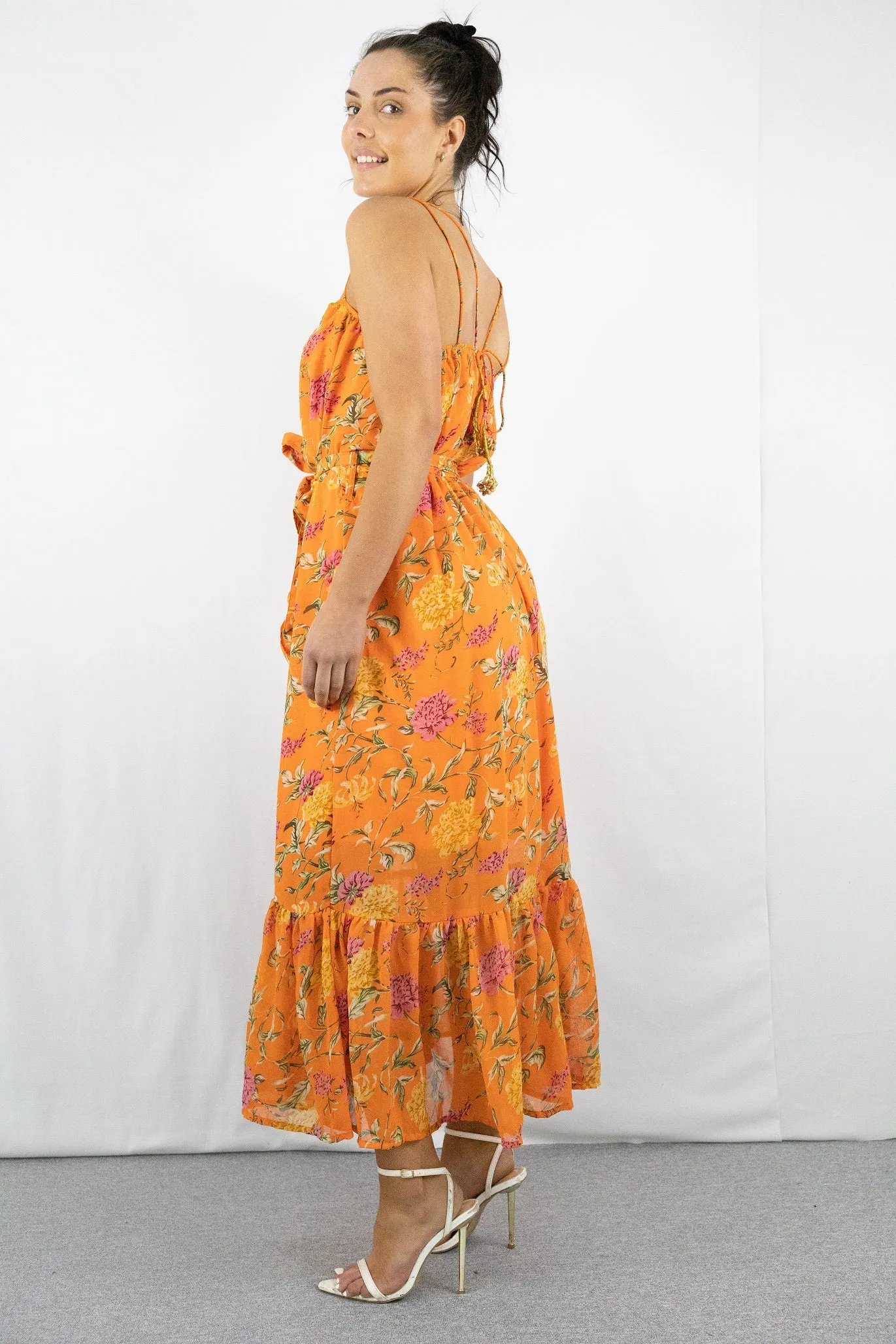 Signage Orange Strappy Floral Tiered Maxi Dress With Tie Belt sold by Goddiva product image thumbnail 3