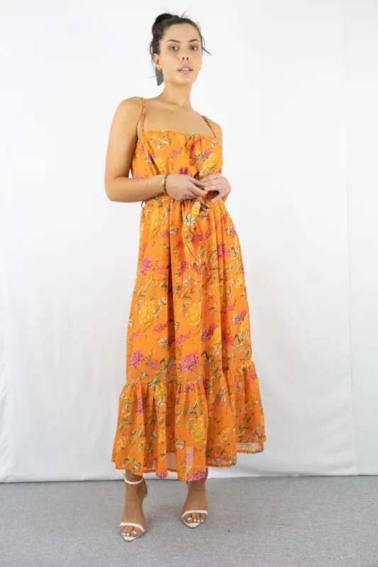 Signage Orange Strappy Floral Tiered Maxi Dress With Tie Belt sold by Goddiva