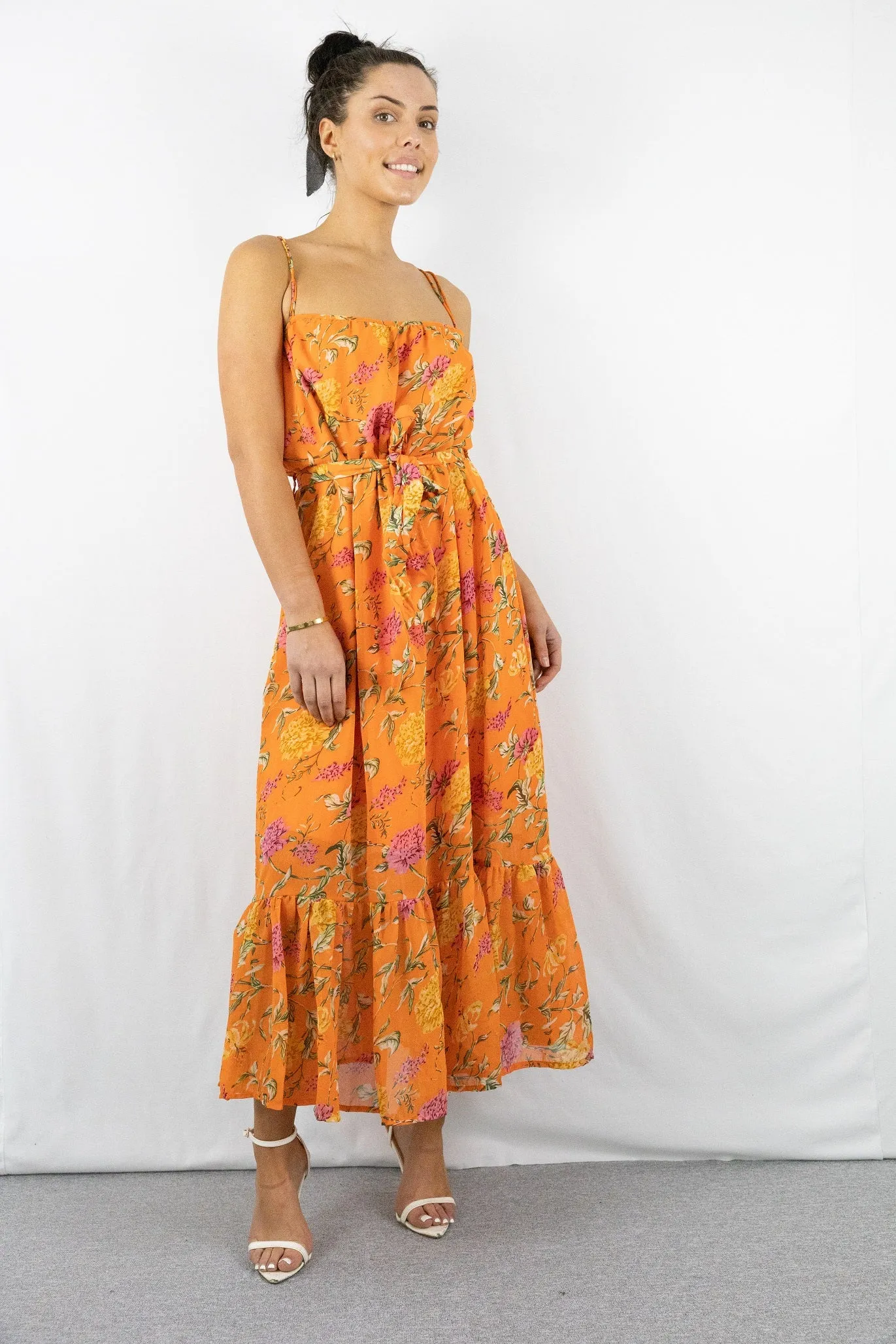 Signage Orange Strappy Floral Tiered Maxi Dress With Tie Belt sold by Goddiva product image thumbnail 5