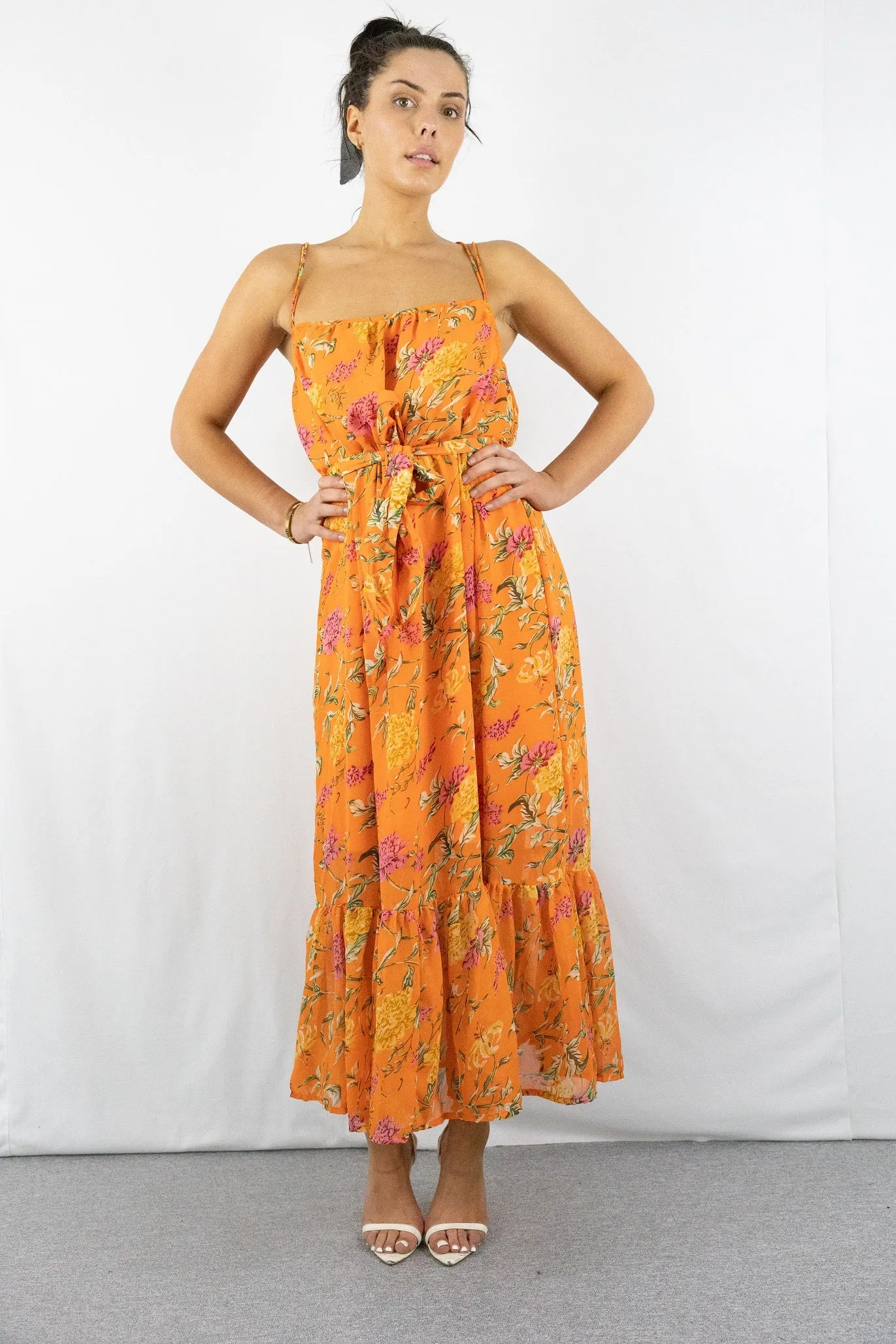 Signage Orange Strappy Floral Tiered Maxi Dress With Tie Belt sold by Goddiva product image thumbnail 2
