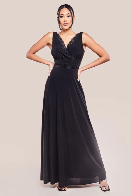 Diamante & Scalloped Lace Neck Maxi Dress - Black by Goddiva sold by Goddiva