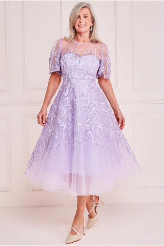 Embroidered Bodice A Line Midi - Lilac by Goddiva sold by Goddiva