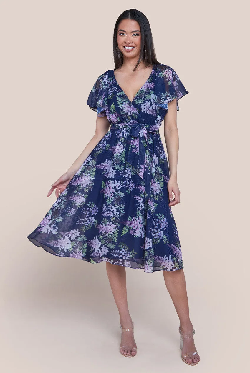 Goddiva Printed Lurex A-Line Flutter Sleeve Midi Dress - Navy Blue sold by Goddiva