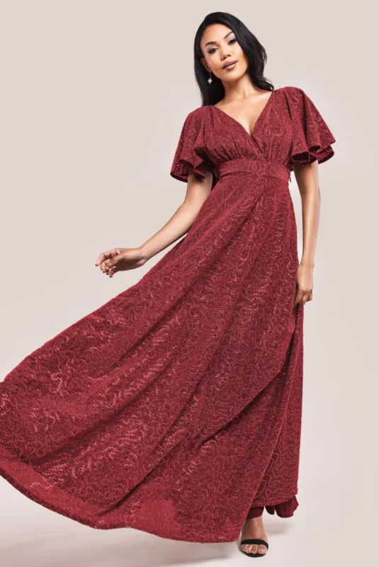 Goddiva Sequin Lurex Flutter Sleeve Maxi Dress - Wine sold by Goddiva