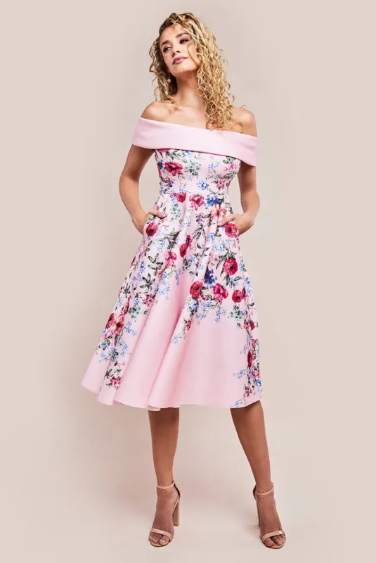 Scuba Foam Floral Bardot Midi Dress - Blush by Goddiva sold by Goddiva
