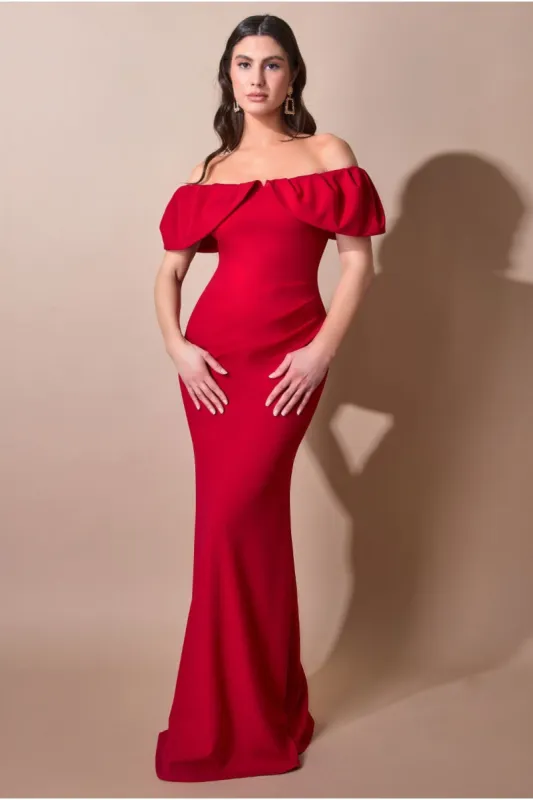 Goddiva Scuba Crepe Pleated Bardot Maxi - Red sold by Goddiva