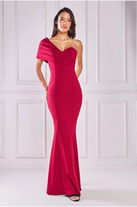 One Shoulder Fan Maxi Dress - Wine by Goddiva sold by Goddiva