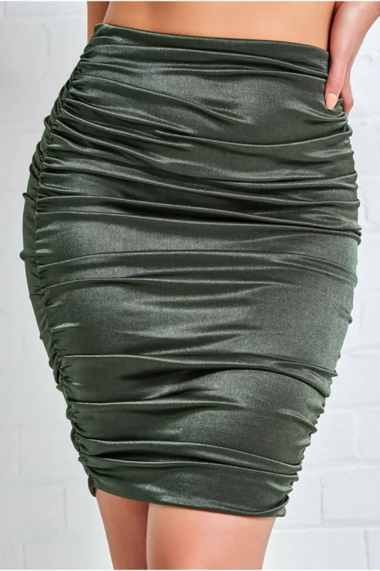 Ruched Satin Mini Skirt - Khaki by Goddiva sold by Goddiva
