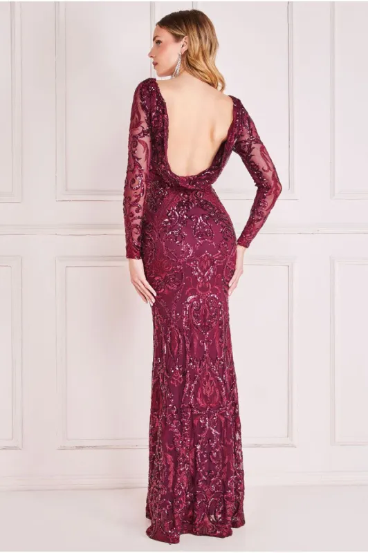 Goddiva Sequin Cowl Back Maxi -  Burgundy sold by Goddiva