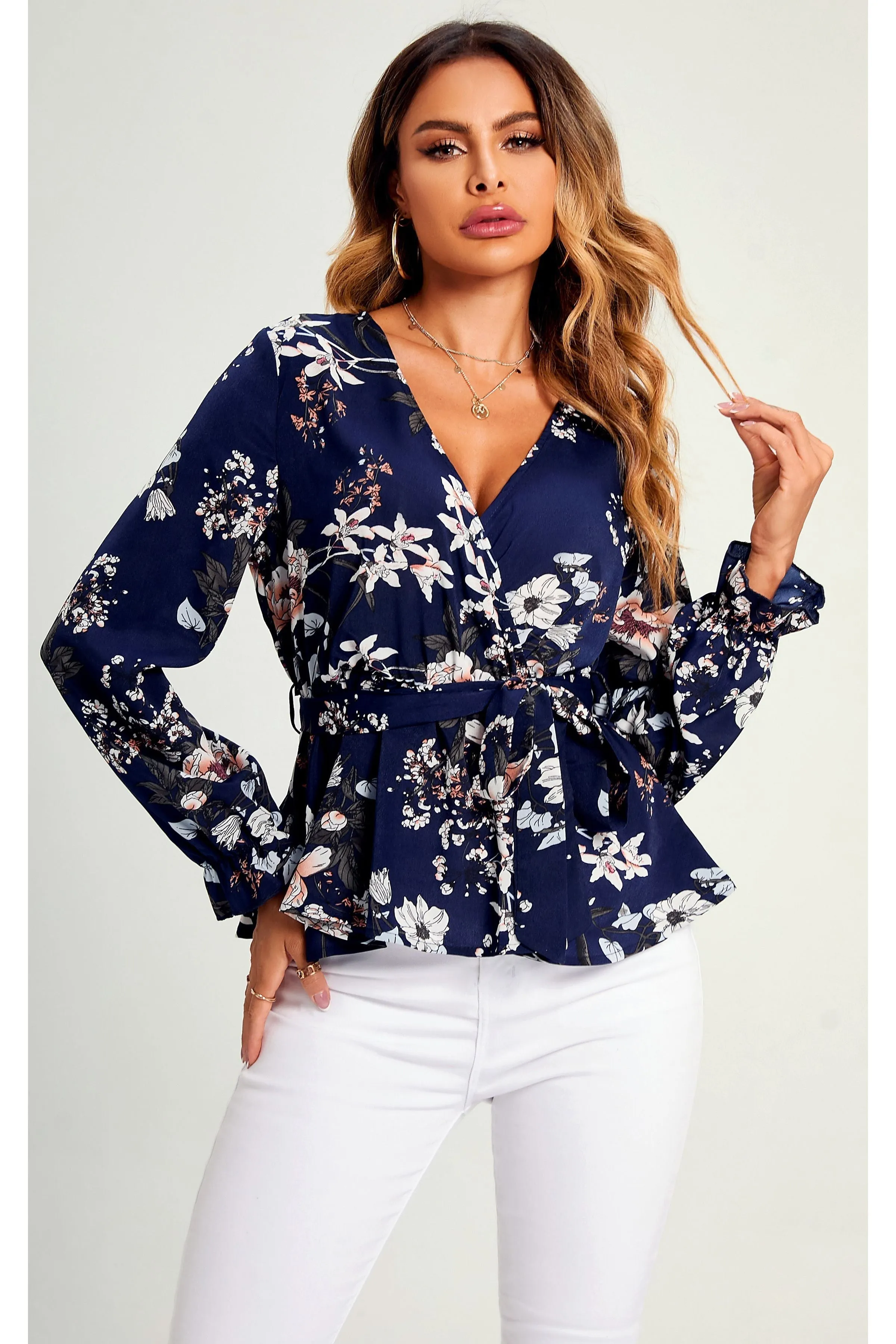 FS Collection Flora Print Long Sleeve V Neck Top Blouse In Navy sold by Goddiva product image thumbnail 2