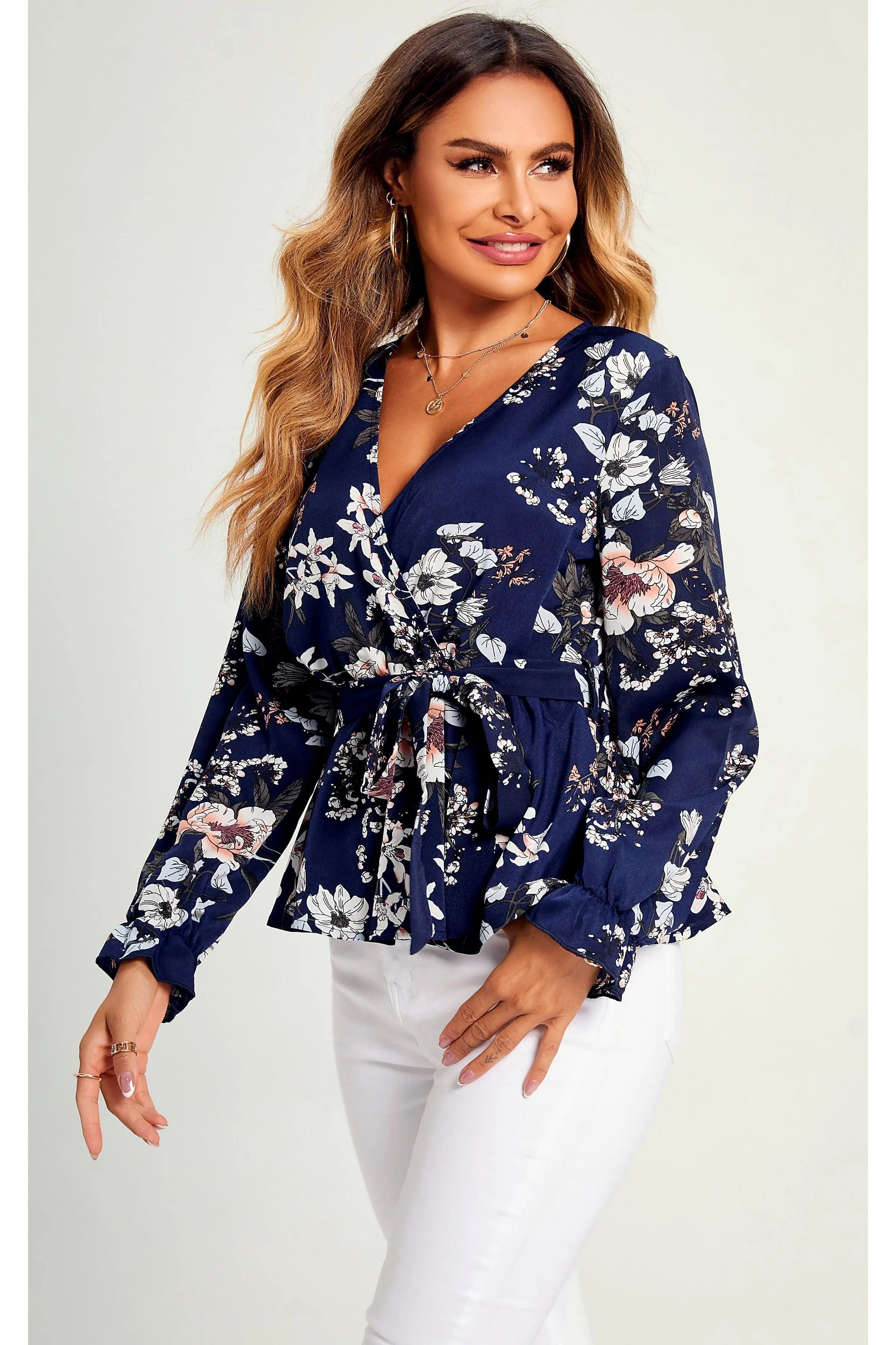 FS Collection Flora Print Long Sleeve V Neck Top Blouse In Navy sold by Goddiva product image thumbnail 4