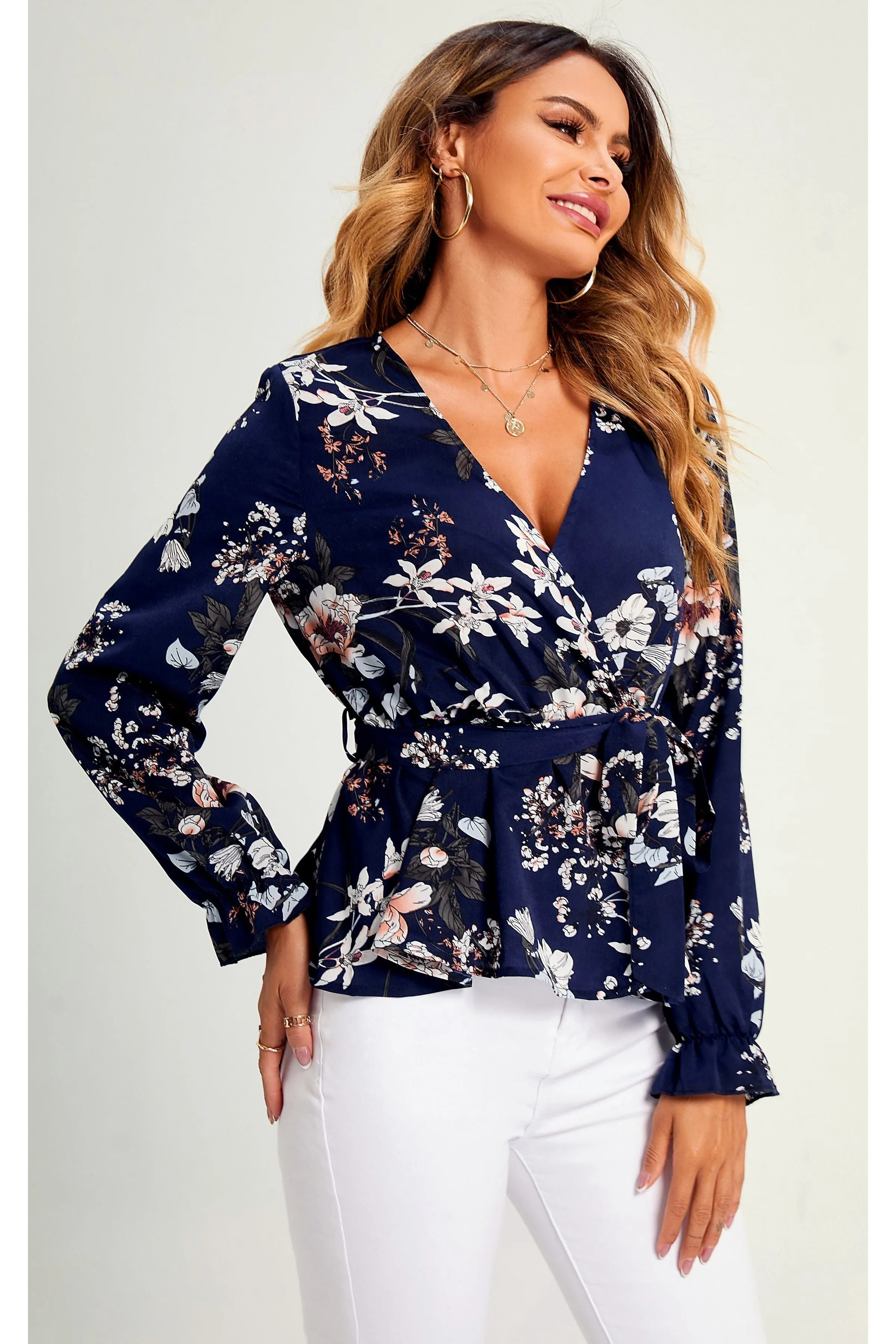 FS Collection Flora Print Long Sleeve V Neck Top Blouse In Navy sold by Goddiva product image thumbnail 3