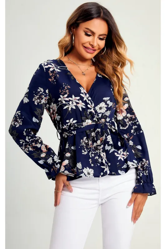 FS Collection Flora Print Long Sleeve V Neck Top Blouse In Navy sold by Goddiva