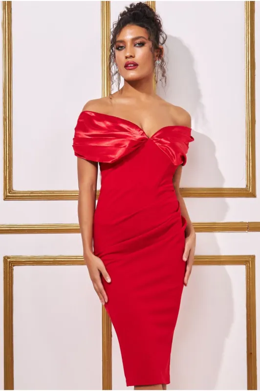 Satin & Scuba Off The Shoulder Midi Dress - Red by Goddiva sold by Goddiva