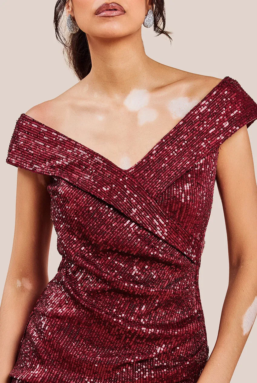 Bardot Sequin Pleated Maxi Dress - Wine by Goddiva sold by Goddiva product image thumbnail 3