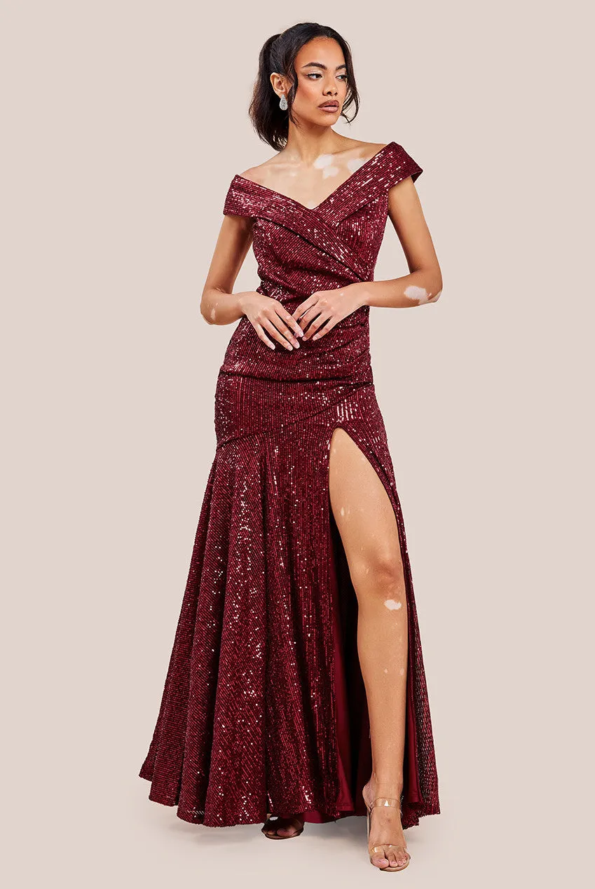 Bardot Sequin Pleated Maxi Dress - Wine by Goddiva sold by Goddiva