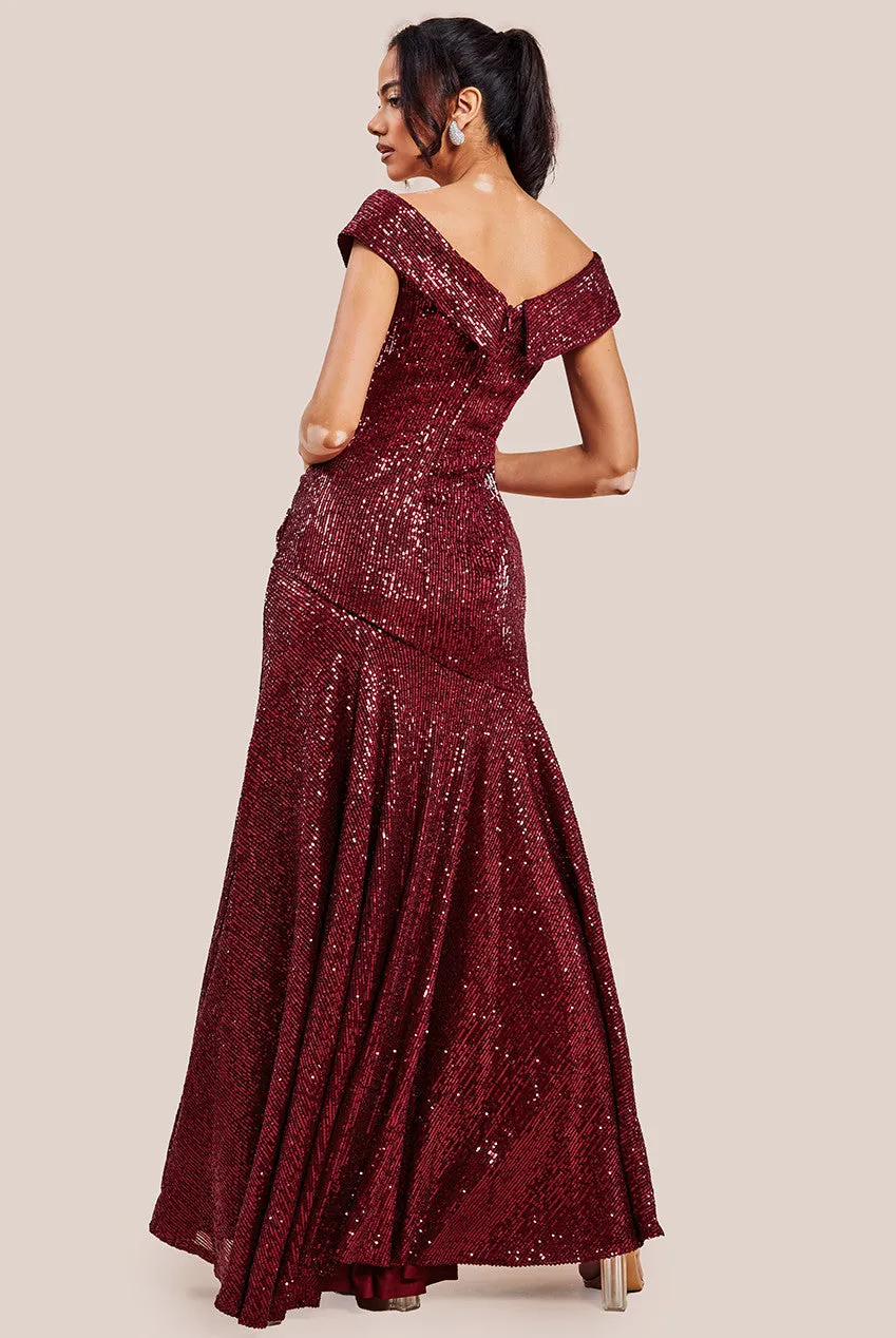Bardot Sequin Pleated Maxi Dress - Wine by Goddiva sold by Goddiva product image thumbnail 2