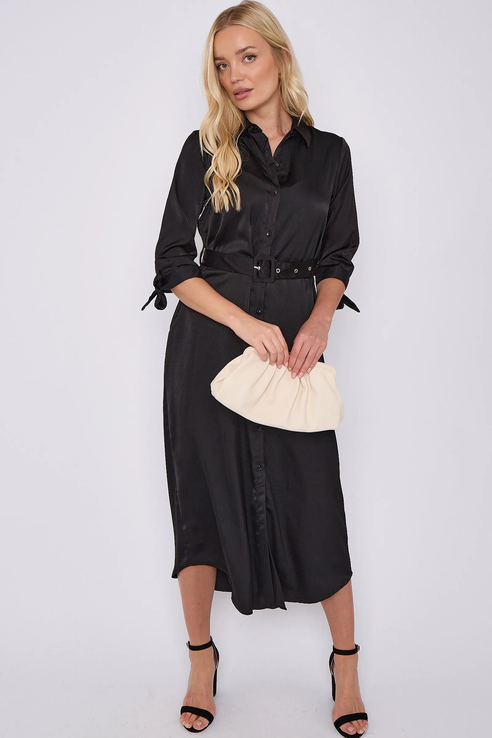 Black Half Sleeve Belted Maxi Shirt Dress by LOVE SUNSHINE sold by Goddiva product image thumbnail 3