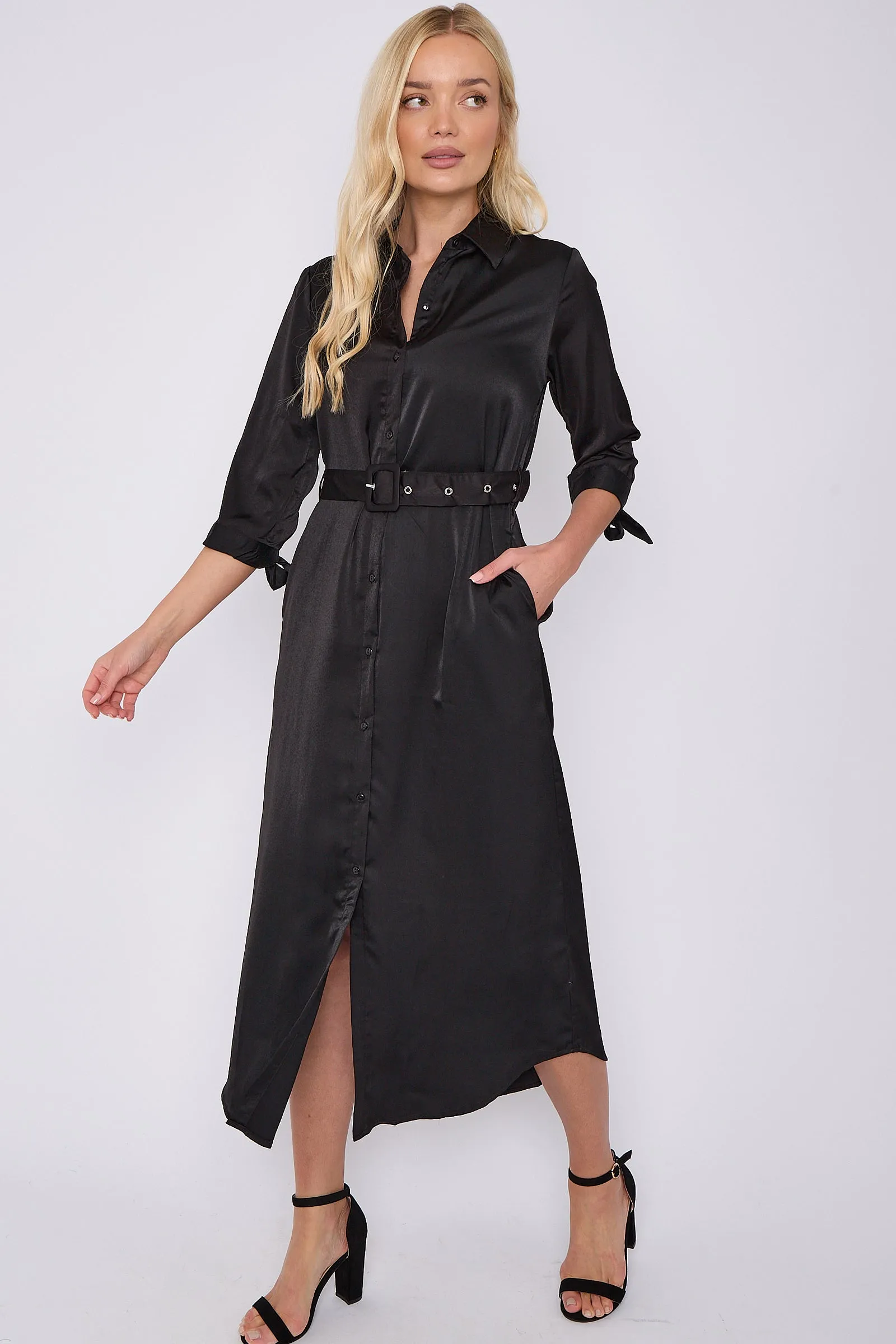 Black Half Sleeve Belted Maxi Shirt Dress by LOVE SUNSHINE sold by Goddiva product image thumbnail 4