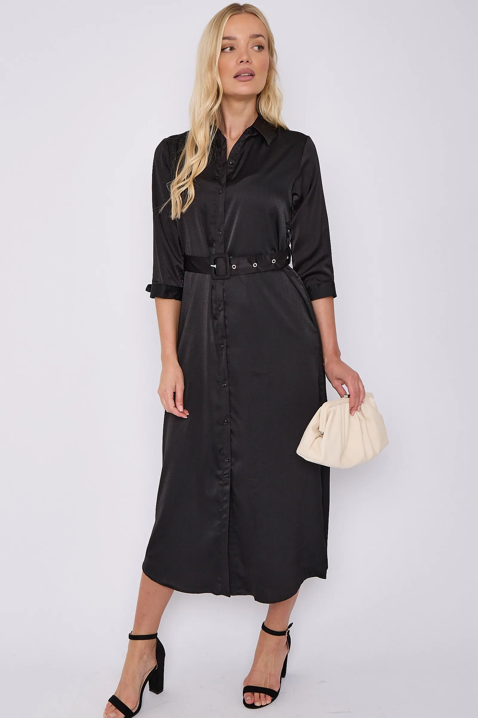 Black Half Sleeve Belted Maxi Shirt Dress by LOVE SUNSHINE sold by Goddiva