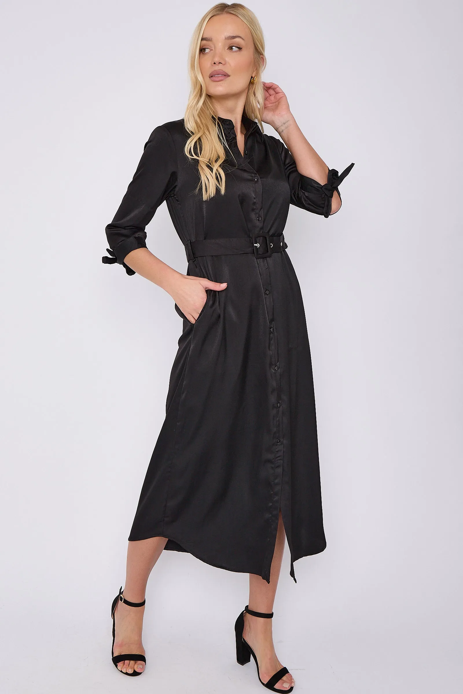 Black Half Sleeve Belted Maxi Shirt Dress by LOVE SUNSHINE sold by Goddiva product image thumbnail 5