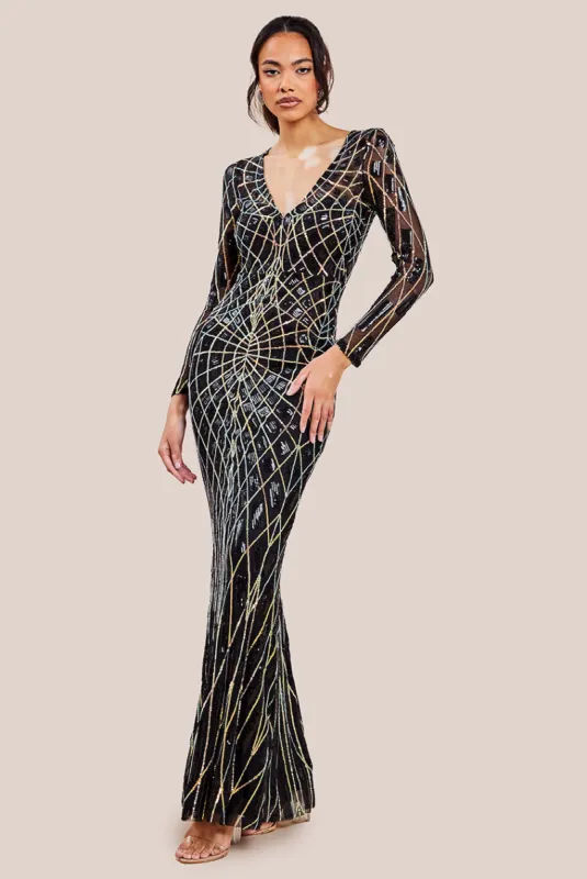 Geo Sequin Long Sleeve Maxi Dress - Black by Goddiva sold by Goddiva