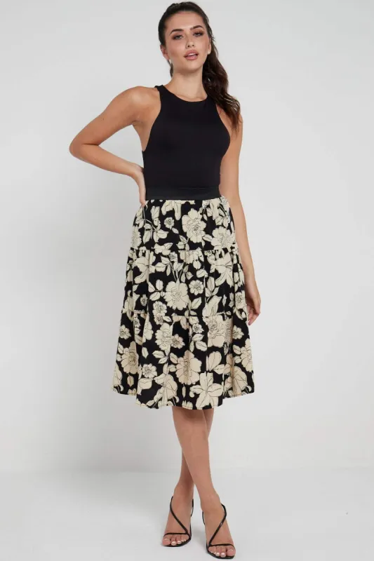 LOVE SUNSHINE Black Floral Printed Tiered Midi Skirt sold by Goddiva