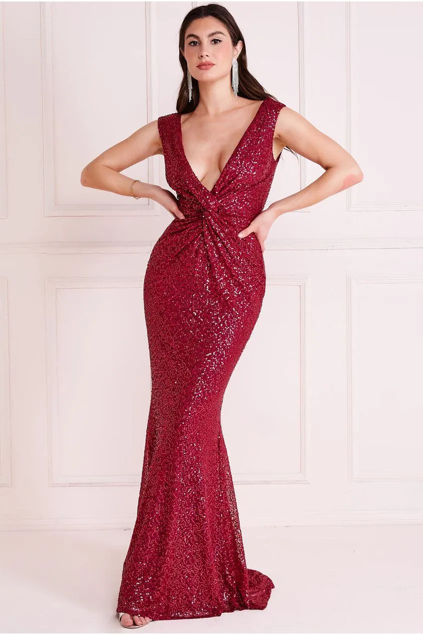 Twisted Front Sequin Maxi - Burgundy by Goddiva sold by Goddiva