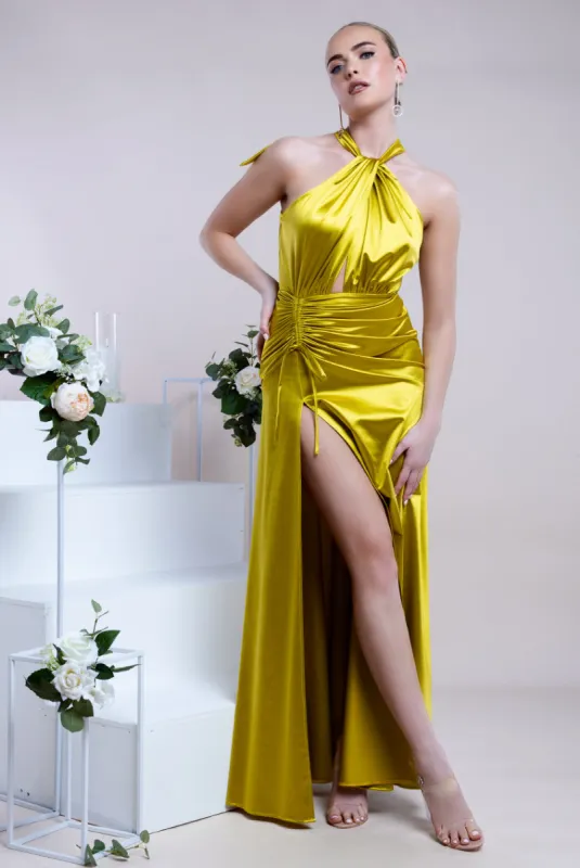 Goddiva Halter Neck Front Split Satin Maxi Dress - Lime Green sold by Goddiva