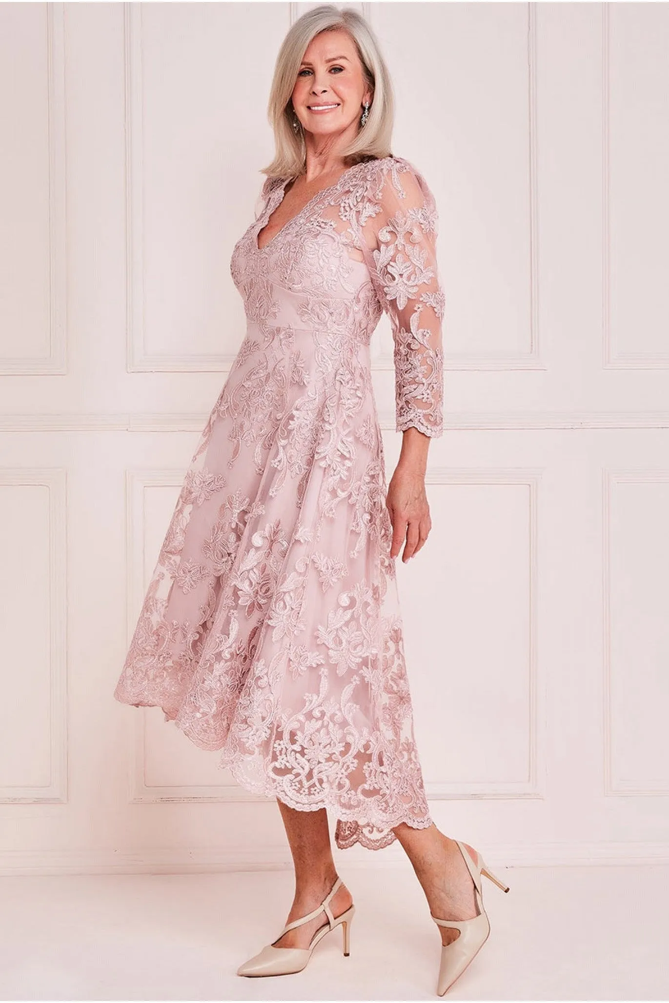 Scalloped Dipped Hem Lace Midi - Blush by Goddiva sold by Goddiva