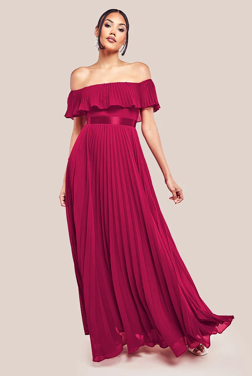 Goddiva Pleated Chiffon Off Shoulder Maxi Dress - Burgundy sold by Goddiva