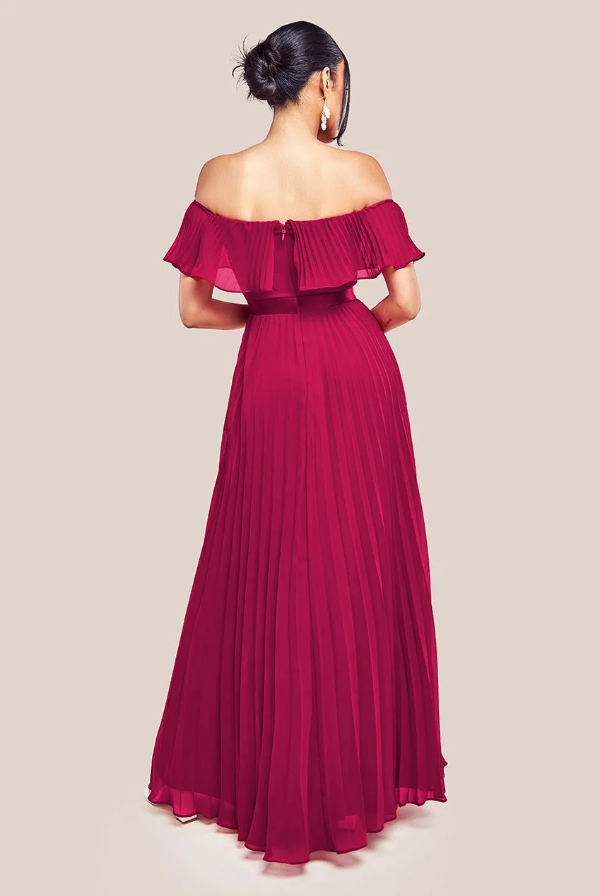 Goddiva Pleated Chiffon Off Shoulder Maxi Dress - Burgundy sold by Goddiva product image thumbnail 2