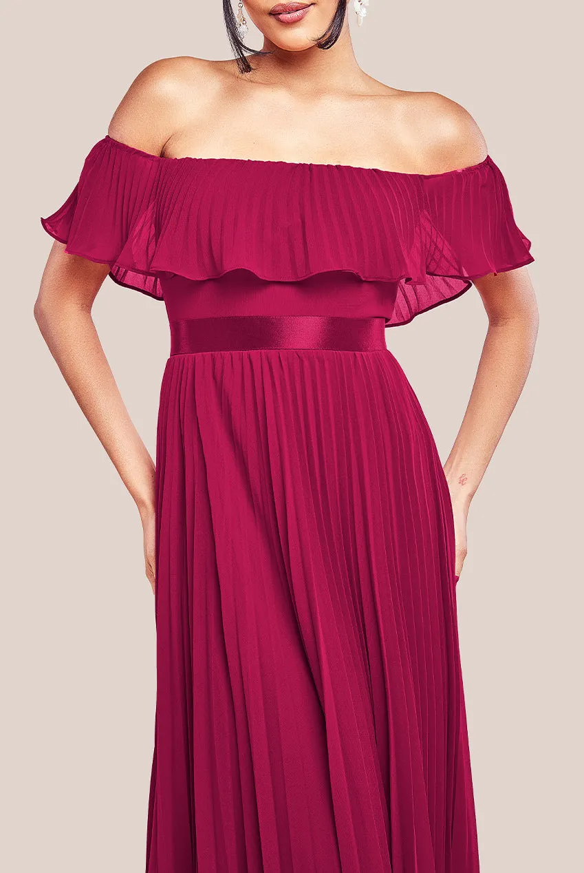 Goddiva Pleated Chiffon Off Shoulder Maxi Dress - Burgundy sold by Goddiva product image thumbnail 3