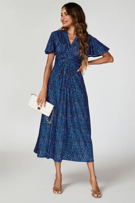 Animal Print Angel Sleeve Twist Maxi Dress In Blue by FS Collection sold by Goddiva