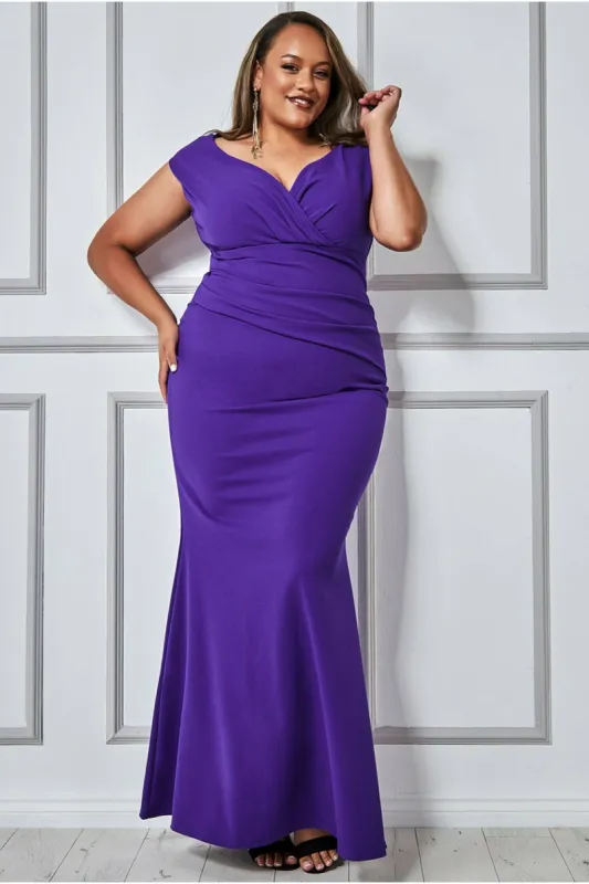 Plus Bardot Pleated Maxi Dress - Purple by Goddiva sold by Goddiva