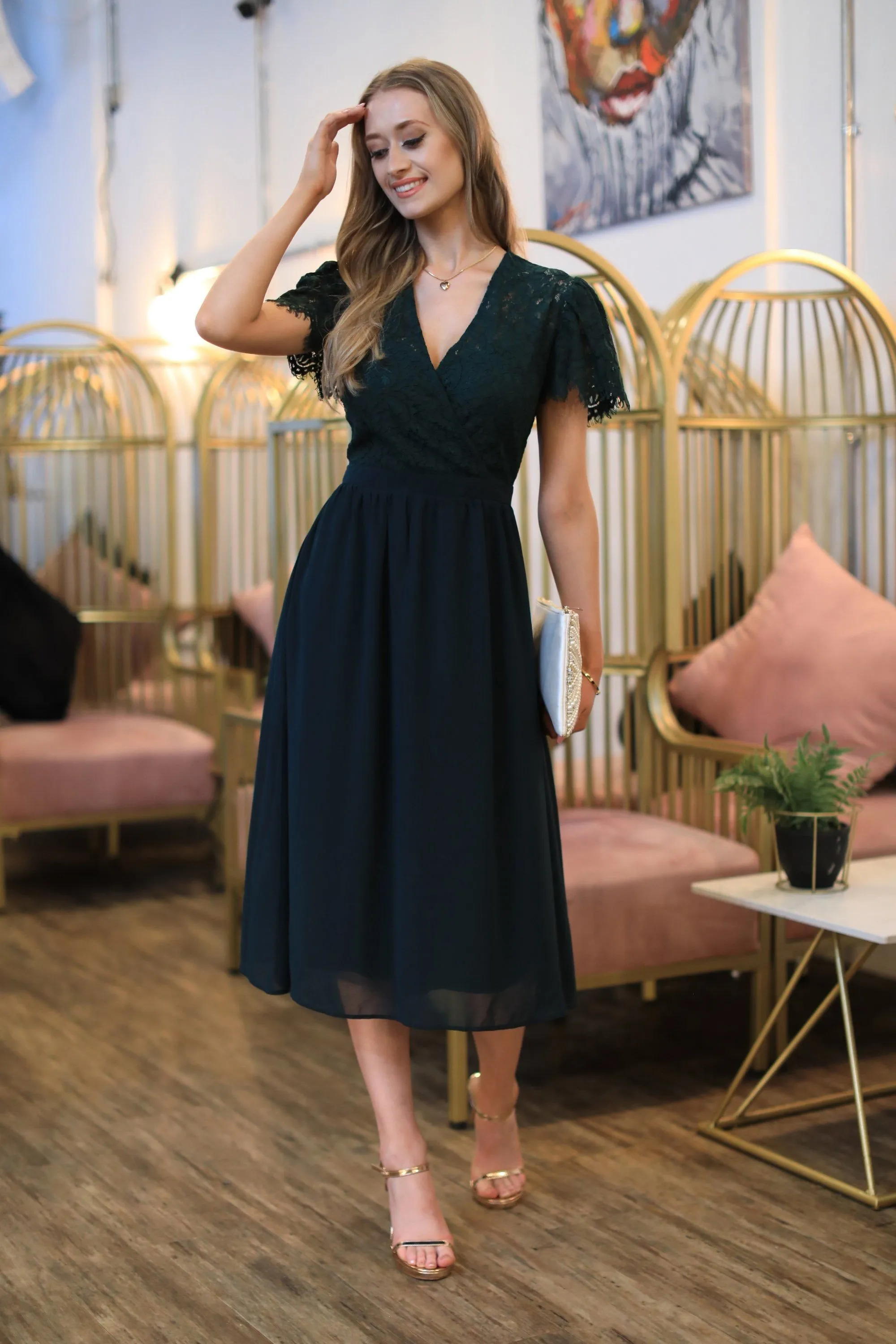 Lace Wrap Front Midi Dress by Double Second sold by Goddiva